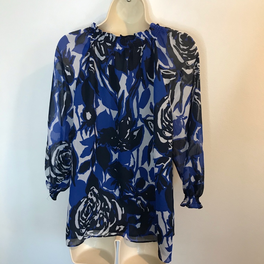 Dana Buchman Blue Floral Print Blouse Shirt Large - Picture 3 of 5